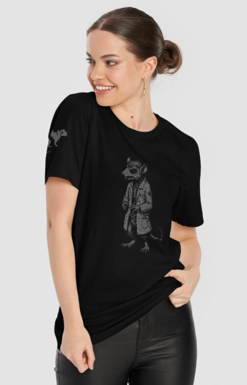 Model wearing the black RatLabs lab-rat tee