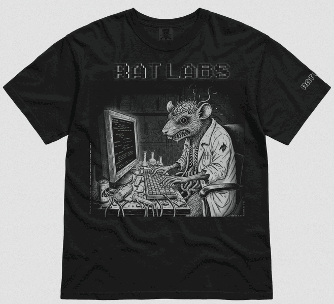 RatLabs t-shirt — mad scientist rat at a terminal